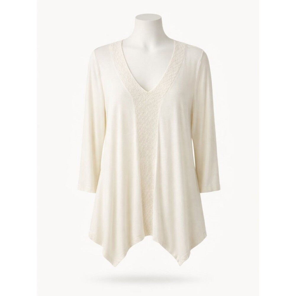 Adrianna Papell White Waterfall Front Tunic Embroidered Inlay Size Large EUC